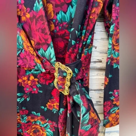 Vintage 80s American Design Floral Wrap BoHo Classic Midi USA Career Dress 12