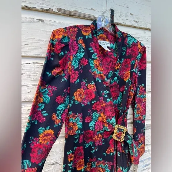 Vintage 80s American Design Floral Wrap BoHo Classic Midi USA Career Dress 12