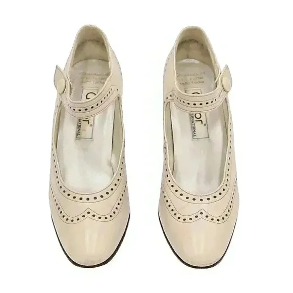 Vintage Beige Oxford Mary Janes Pumps 39 Leather Block Heel Pumps Wedding Pumps