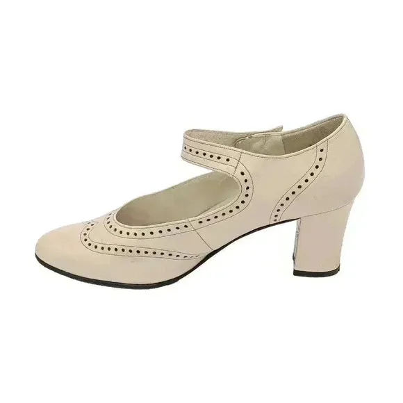 Vintage Beige Oxford Mary Janes Pumps 39 Leather Block Heel Pumps Wedding Pumps