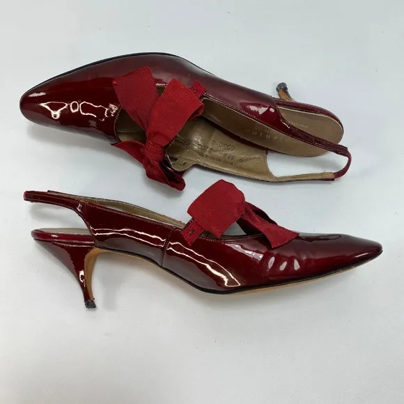 Vintage Bon Marche Maroon Leather Heels Size 9 AAA Ribbon Bows Sling Back Flaws