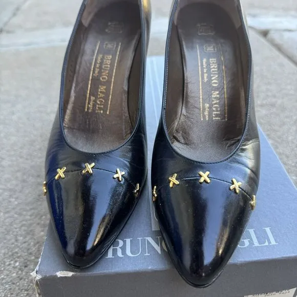 Vintage Bruno Magli Posti Black Studded Pumps Size 7.5 Made in Italy