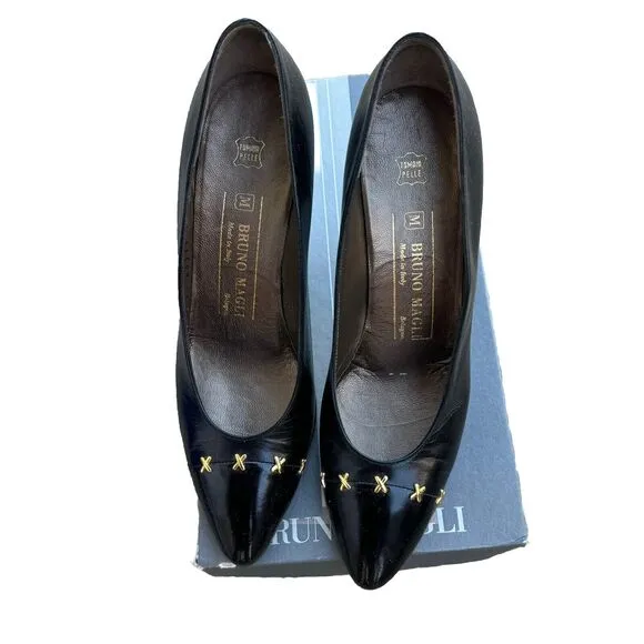 Vintage Bruno Magli Posti Black Studded Pumps Size 7.5 Made in Italy