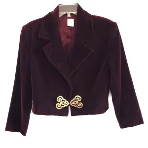 Vintage Burgundy Velvet Cropped Blazer With Ornate Gold Clasp 8 VTG EUC