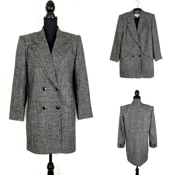Vintage Lilli Ann Pea Coat Union Label Black White Plaid Tweed Academia