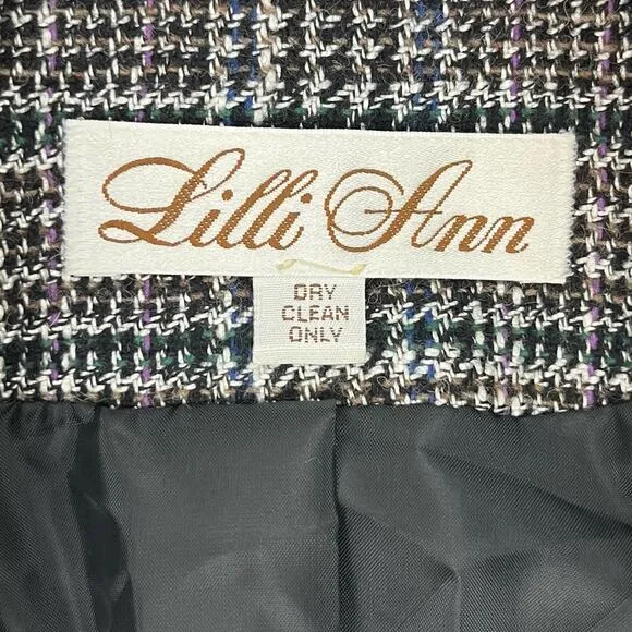 Vintage Lilli Ann Pea Coat Union Label Black White Plaid Tweed Academia