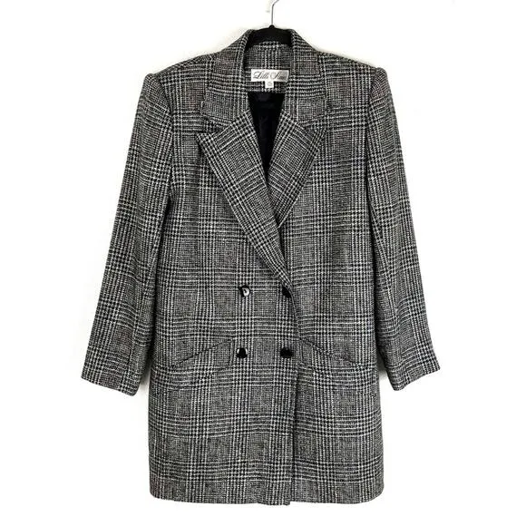 Vintage Lilli Ann Pea Coat Union Label Black White Plaid Tweed Academia