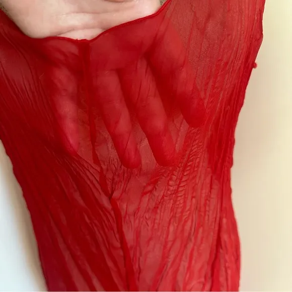 Vintage Made In France 2 in 1 Semi Sheer Slip On Midi Dress in Red Nude Sz M