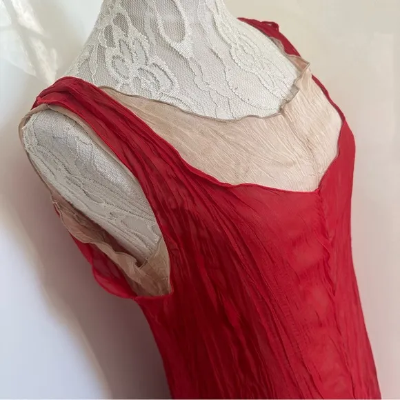 Vintage Made In France 2 in 1 Semi Sheer Slip On Midi Dress in Red Nude Sz M