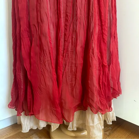 Vintage Made In France 2 in 1 Semi Sheer Slip On Midi Dress in Red Nude Sz M