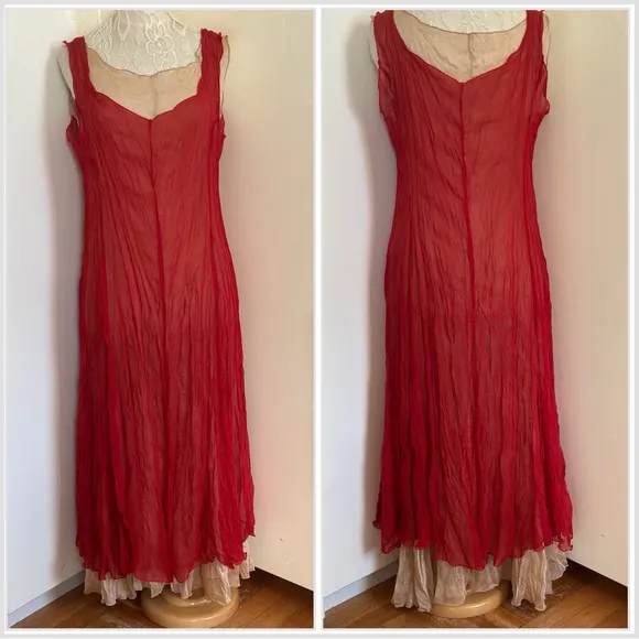 Vintage Made In France 2 in 1 Semi Sheer Slip On Midi Dress in Red Nude Sz M