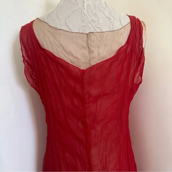 Vintage Made In France 2 in 1 Semi Sheer Slip On Midi Dress in Red Nude Sz M