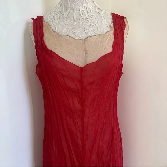Vintage Made In France 2 in 1 Semi Sheer Slip On Midi Dress in Red Nude Sz M