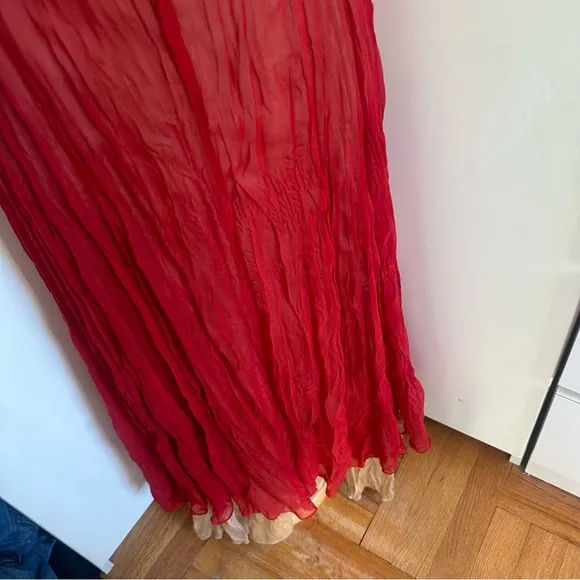 Vintage Made In France 2 in 1 Semi Sheer Slip On Midi Dress in Red Nude Sz M