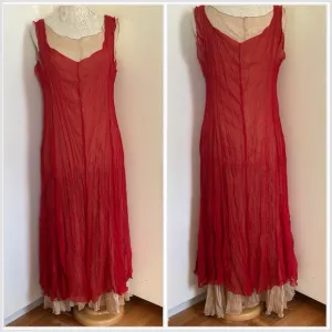 Vintage Made In France 2 in 1 Semi Sheer Slip On Midi Dress in Red Nude Sz M