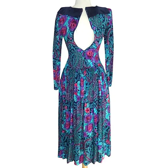 Vintage Misty Lane Floral Dress with Velvet Collar and Bow 100% Rayon