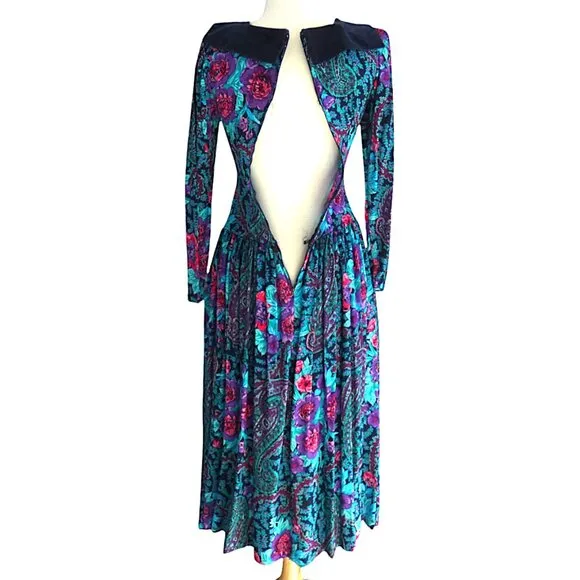 Vintage Misty Lane Floral Dress with Velvet Collar and Bow 100% Rayon