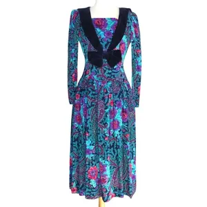Vintage Misty Lane Floral Dress with Velvet Collar and Bow 100% Rayon