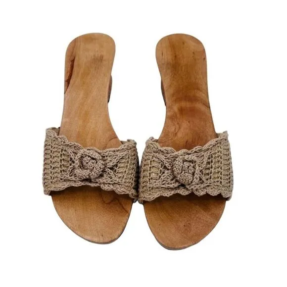 Vintage Wood Sandals Carved Crochet Tan Size 7.5