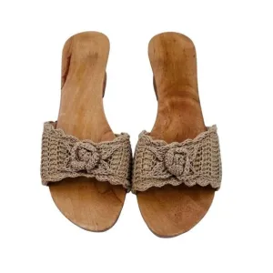 Vintage Wood Sandals Carved Crochet Tan Size 7.5