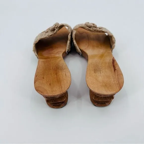 Vintage Wood Sandals Carved Crochet Tan Size 7.5