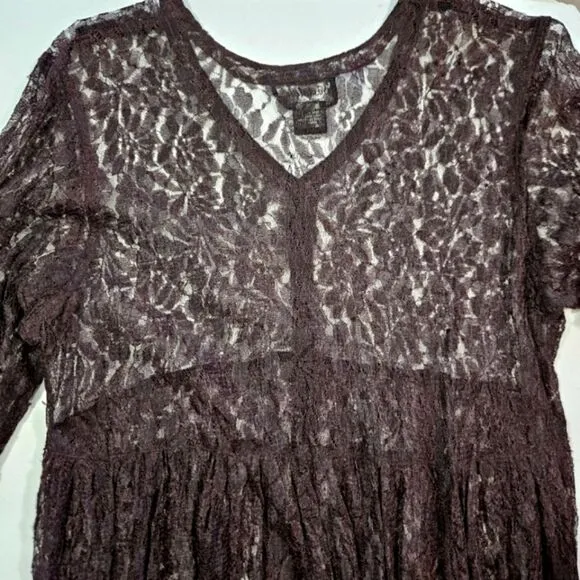 Vintage Nostalgia Sheer Dark Purple Floral Lace Empire Waist Baby Doll Dress S