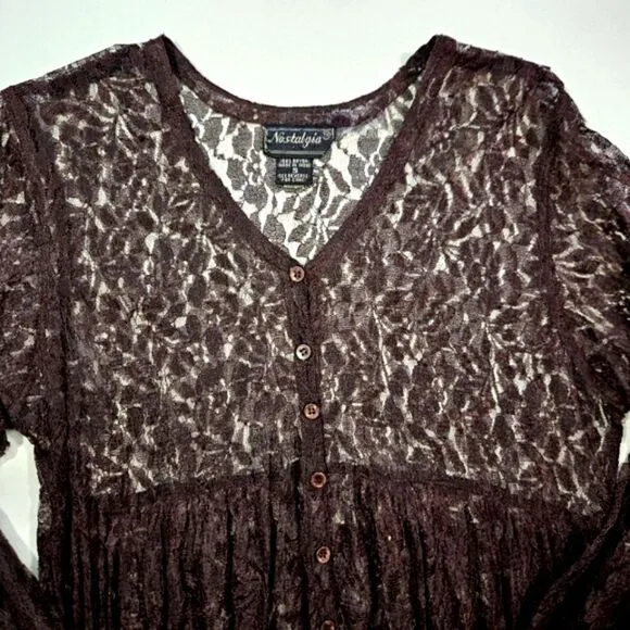 Vintage Nostalgia Sheer Dark Purple Floral Lace Empire Waist Baby Doll Dress S