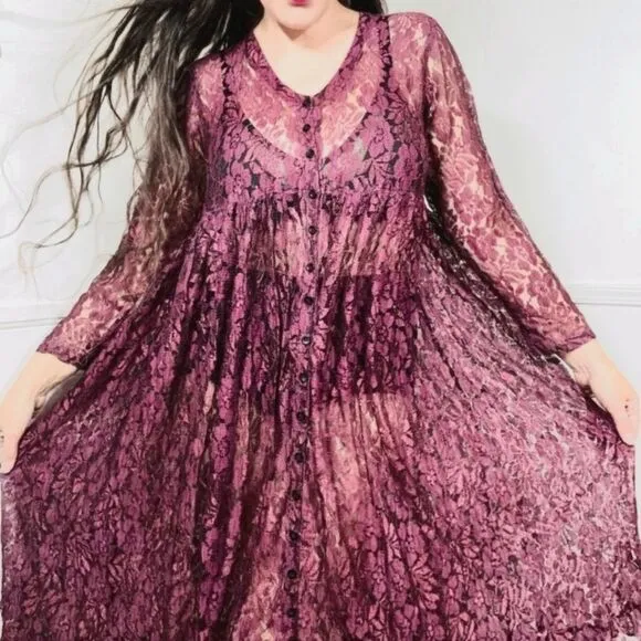 Vintage Nostalgia Sheer Dark Purple Floral Lace Empire Waist Baby Doll Dress S