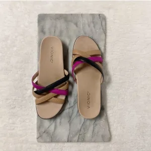 Vionic Dava Sz 7 Leather Straps Slip On Sandals Purple Magenta