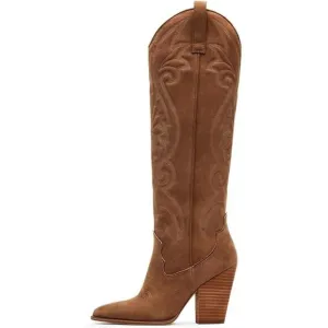 Vomira Cowboy Boots Women Brown Pointed Toe Chunky High Heels Embroidered Boots