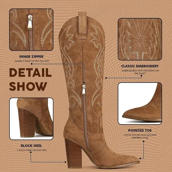 Vomira Cowboy Boots Women Brown Pointed Toe Chunky High Heels Embroidered Boots