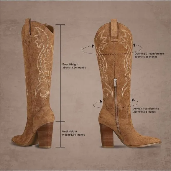 Vomira Cowboy Boots Women Brown Pointed Toe Chunky High Heels Embroidered Boots