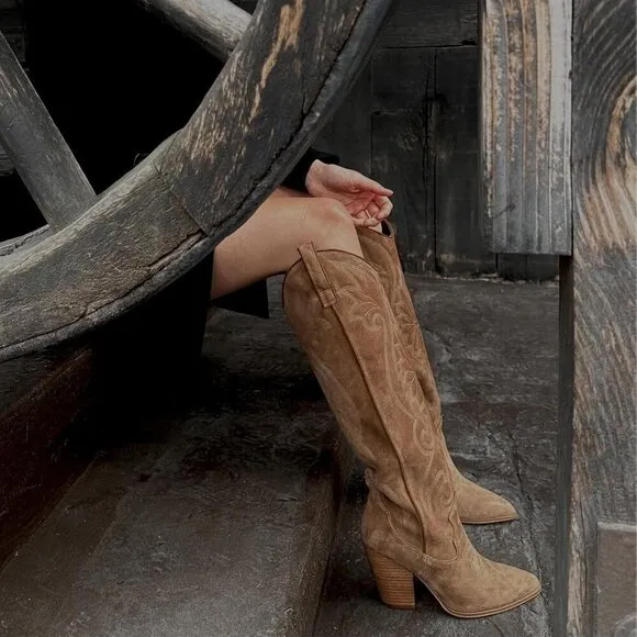Vomira Cowboy Boots Women Brown Pointed Toe Chunky High Heels Embroidered Boots