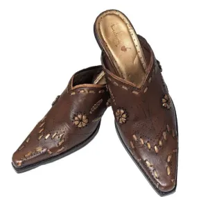 Vtge Western mules size 9 womens Brown/Copper GUC stacked Shaped Heel.