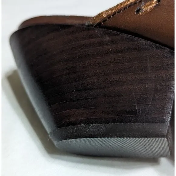 Vtge Western mules size 9 womens Brown/Copper GUC stacked Shaped Heel.