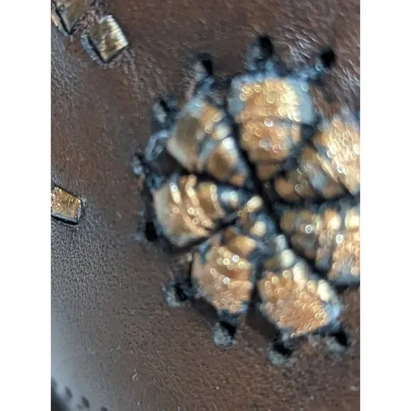 Vtge Western mules size 9 womens Brown/Copper GUC stacked Shaped Heel.