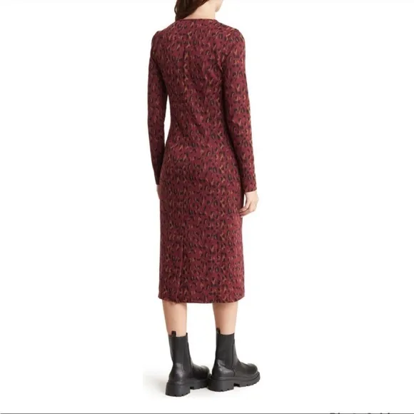 Walter Baker Long Sleeve Shaina Midi Dress Wine Leopard Print Burgundy Black XS