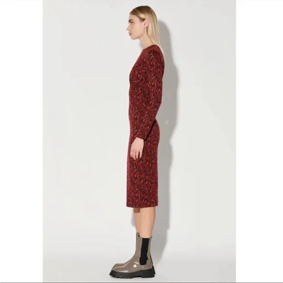 Walter Baker Long Sleeve Shaina Midi Dress Wine Leopard Print Burgundy Black XS