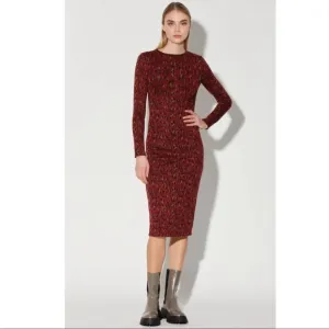 Walter Baker Long Sleeve Shaina Midi Dress Wine Leopard Print Burgundy Black XS