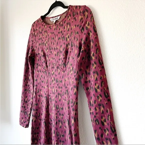 Walter Baker Long Sleeve Shaina Midi Dress Wine Leopard Print Burgundy Black XS