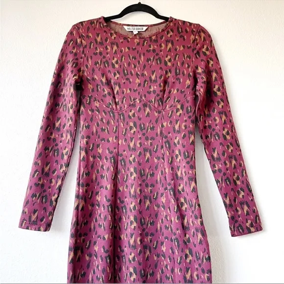 Walter Baker Long Sleeve Shaina Midi Dress Wine Leopard Print Burgundy Black XS