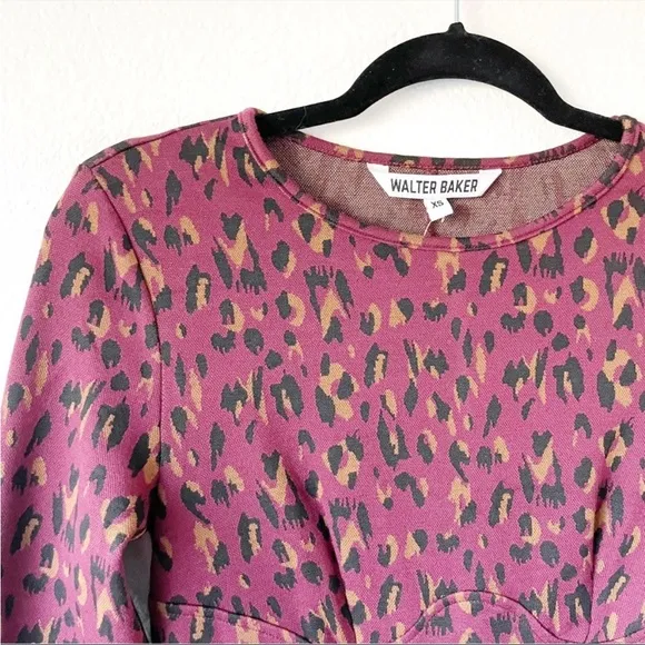 Walter Baker Long Sleeve Shaina Midi Dress Wine Leopard Print Burgundy Black XS