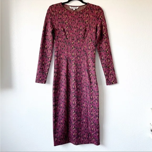 Walter Baker Long Sleeve Shaina Midi Dress Wine Leopard Print Burgundy Black XS