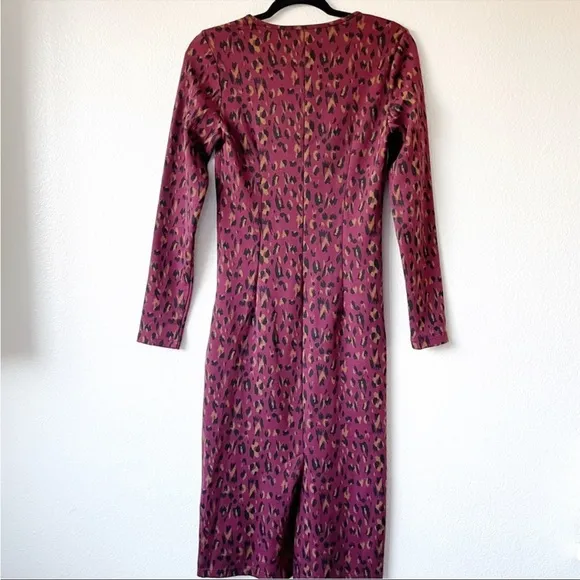 Walter Baker Long Sleeve Shaina Midi Dress Wine Leopard Print Burgundy Black XS