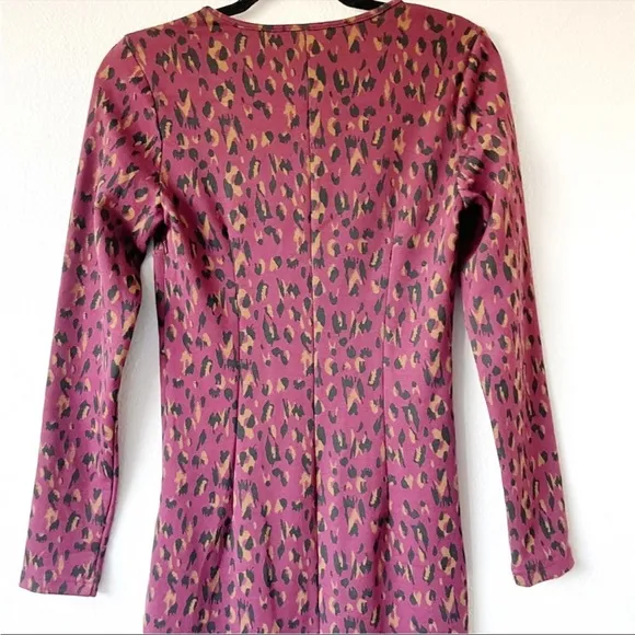 Walter Baker Long Sleeve Shaina Midi Dress Wine Leopard Print Burgundy Black XS