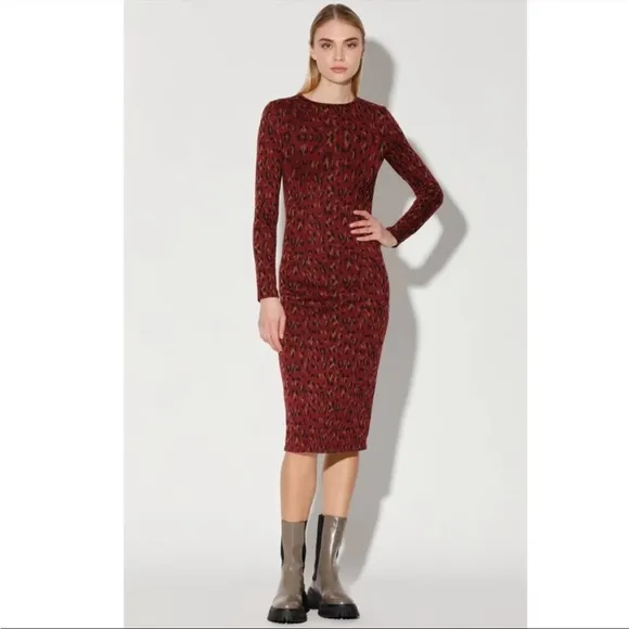 Walter Baker Long Sleeve Shaina Midi Dress Wine Leopard Print Burgundy Black XS