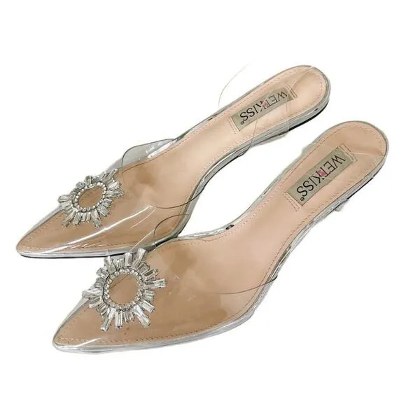 Wet Kiss Clear Crystal Rhinestones Pointed Toe High Heels Shoes Sandals Size 9.5