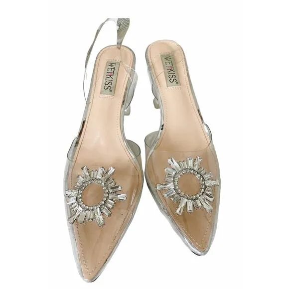 Wet Kiss Clear Crystal Rhinestones Pointed Toe High Heels Shoes Sandals Size 9.5