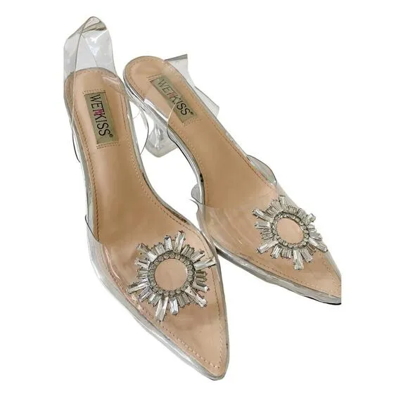 Wet Kiss Clear Crystal Rhinestones Pointed Toe High Heels Shoes Sandals Size 9.5