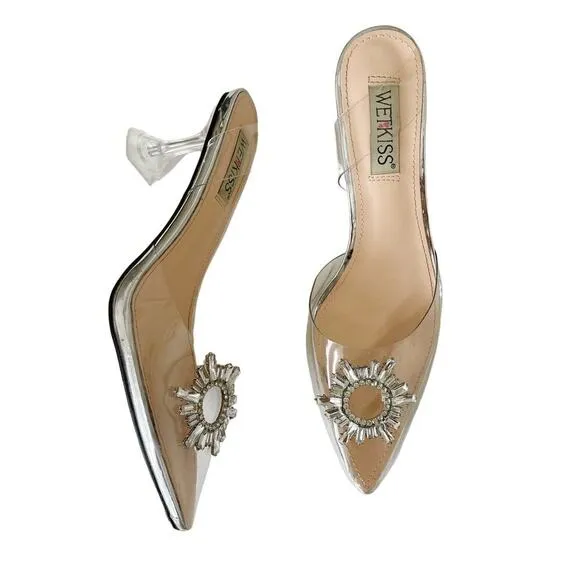 Wet Kiss Clear Crystal Rhinestones Pointed Toe High Heels Shoes Sandals Size 9.5